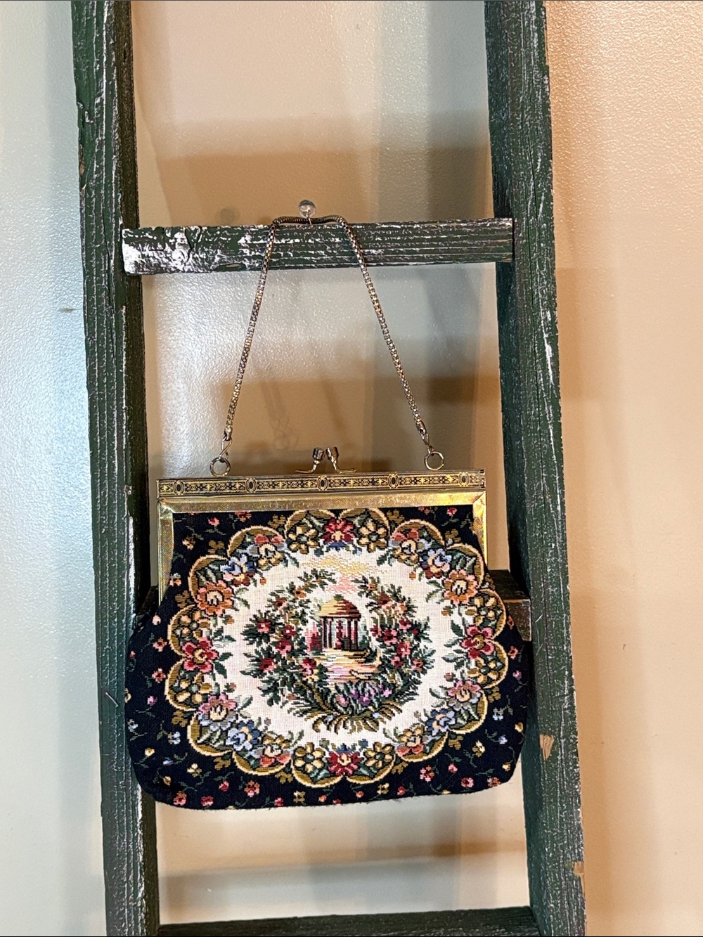 Source Unknown Black Floral Tapestry Handbag with Gold Frame